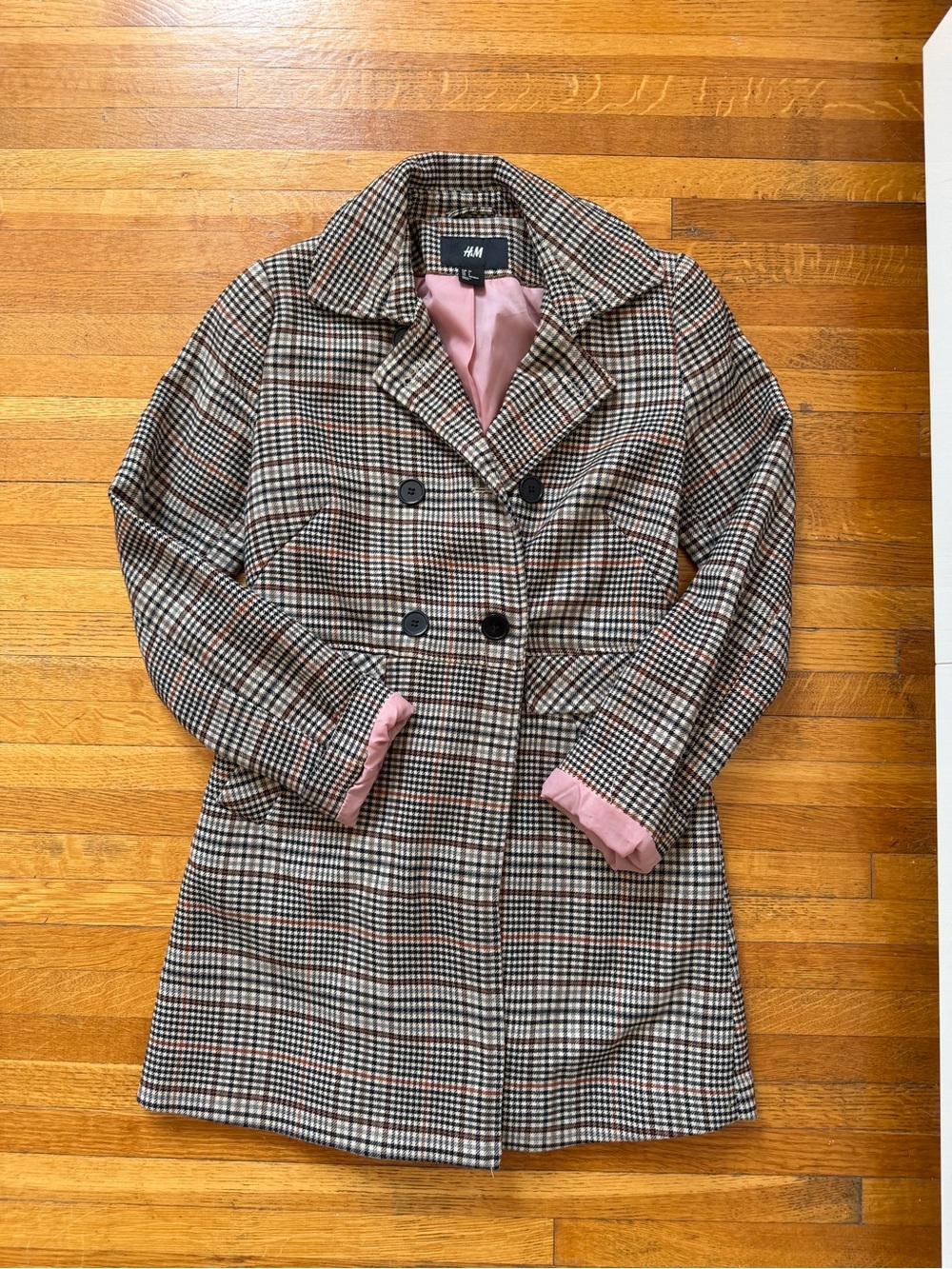 H&M Brown Plaid Double-Breasted Pea Coat with Pink Lining